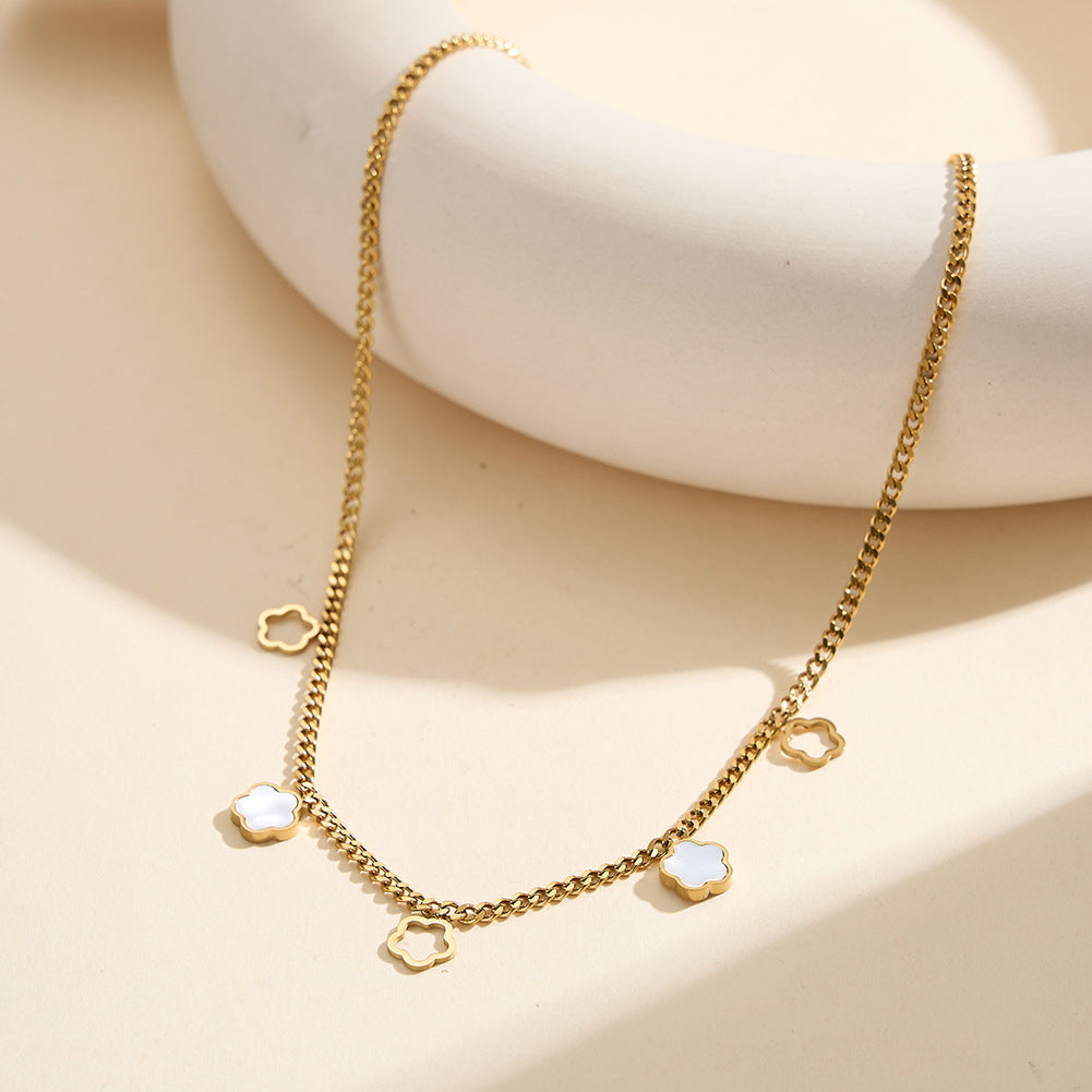 Gold Stainless Steel Clover Cuban Choker, Hollow Clover Outline & White Shell Inlaid Clover Dangling Charms, Cuban Link Chain