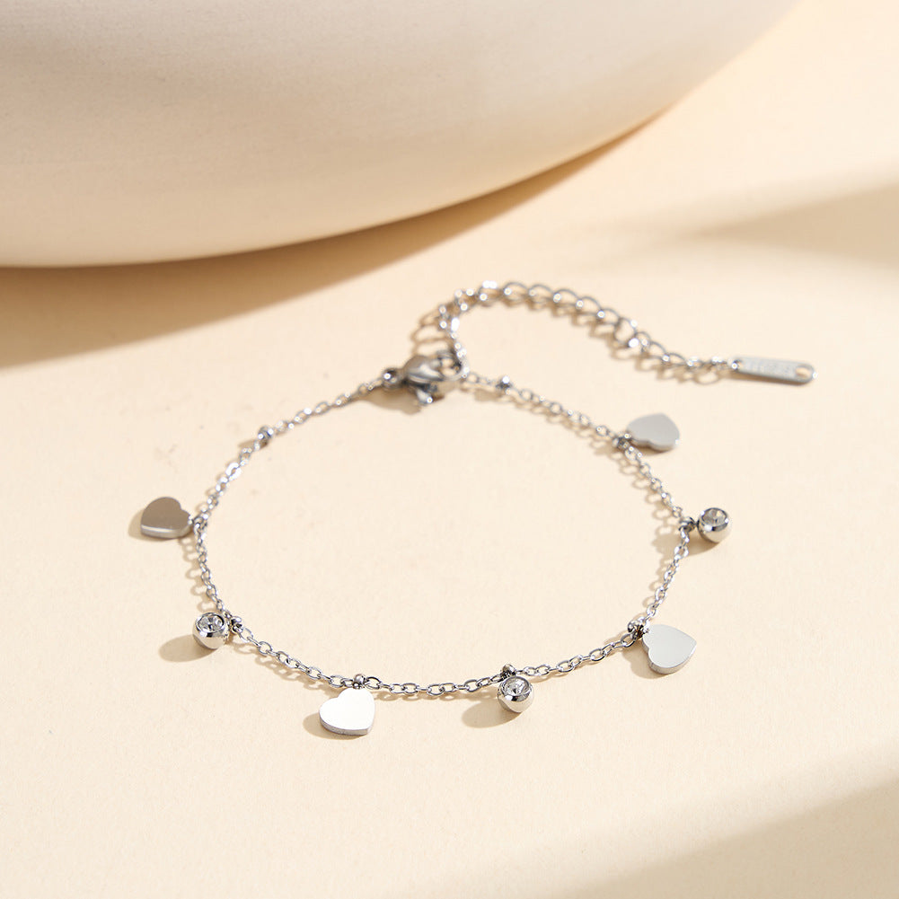 Gold Plated Stainless Steel Heart Charm Bracelet, 4 Flat Heart Pendants & 3 Bezel Round CZ Stones, Thin Cable Chain