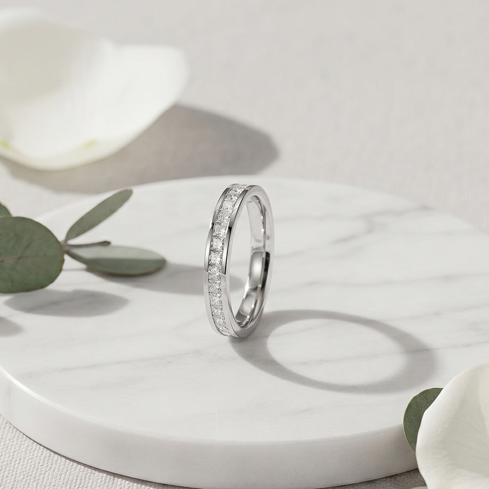 Gold Plated Stainless Steel Slim Half Eternity Band with Princess Cut CZ Inlay