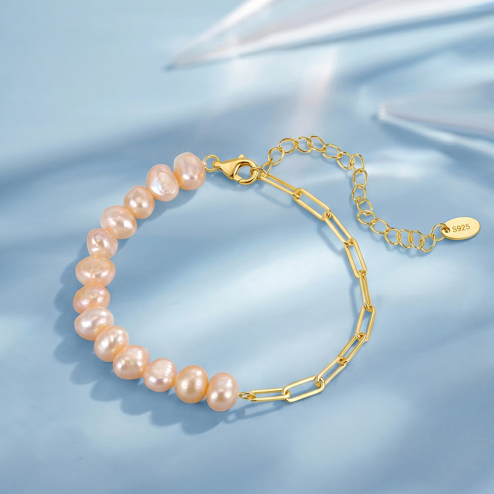 S925 Gold Plated Half Baroque Pearl Half Paperclip Chain Bracelet, Cream Natural Baroque Freshwater Pearls, Adjustable Extension Chain