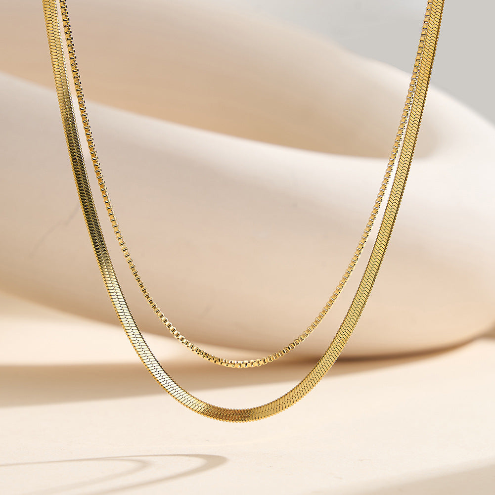Gold Stainless Steel Layered Necklace, Double Stacked Herringbone & Box Chain Two Layer Choker Necklace
