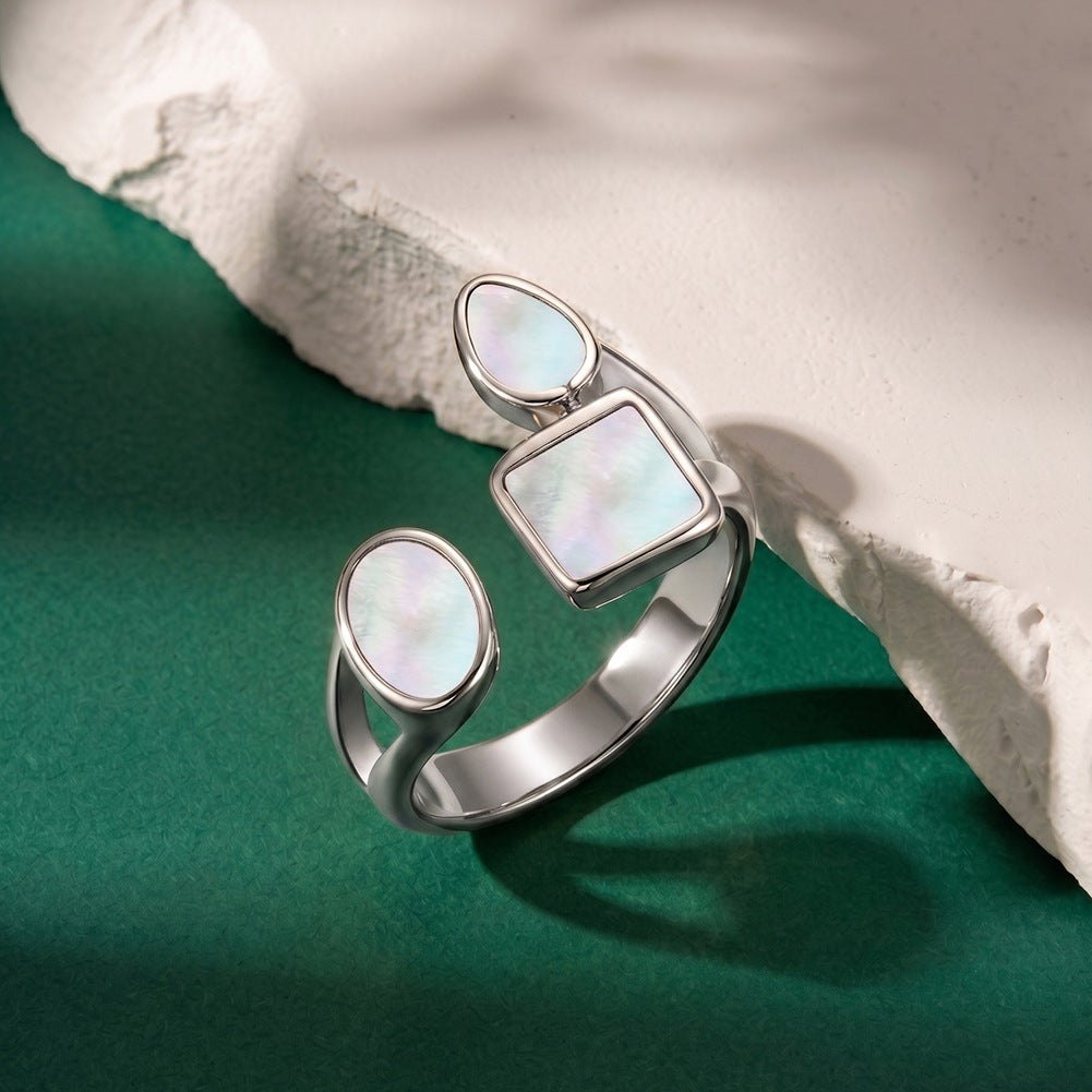 Gold Plated Stainless Steel Open Cuff Ring, Square & Oval Mother of Pearl Inlay