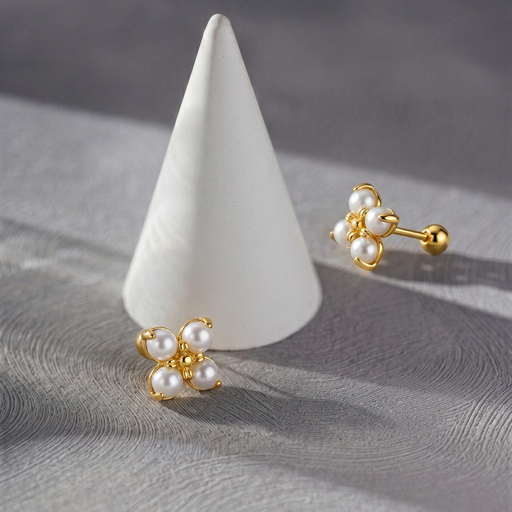 S925 Sterling Silver Four-Petal Flower Freshwater Pearl Screw Back Stud Earrings, Cluster Small Round Pearls Floral Ear Piercing Jewelry