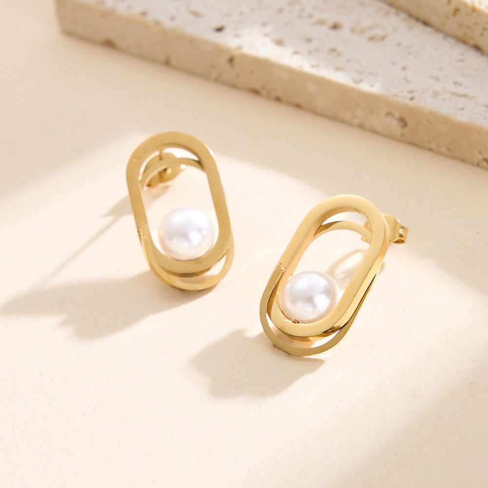 Gold Plated Stainless Steel Teardrop Hook Earrings with Round CZ and Big Imitation Pearl