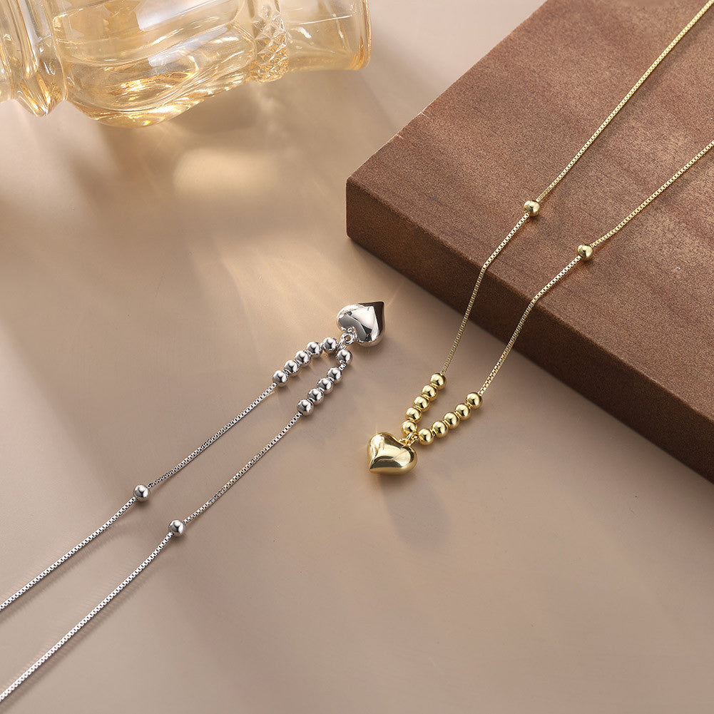 Silver Stainless Steel Ball Beaded Heart Pendant Necklace, Gradient Round Ball Chain Puffy 3D Heart Charm Necklace