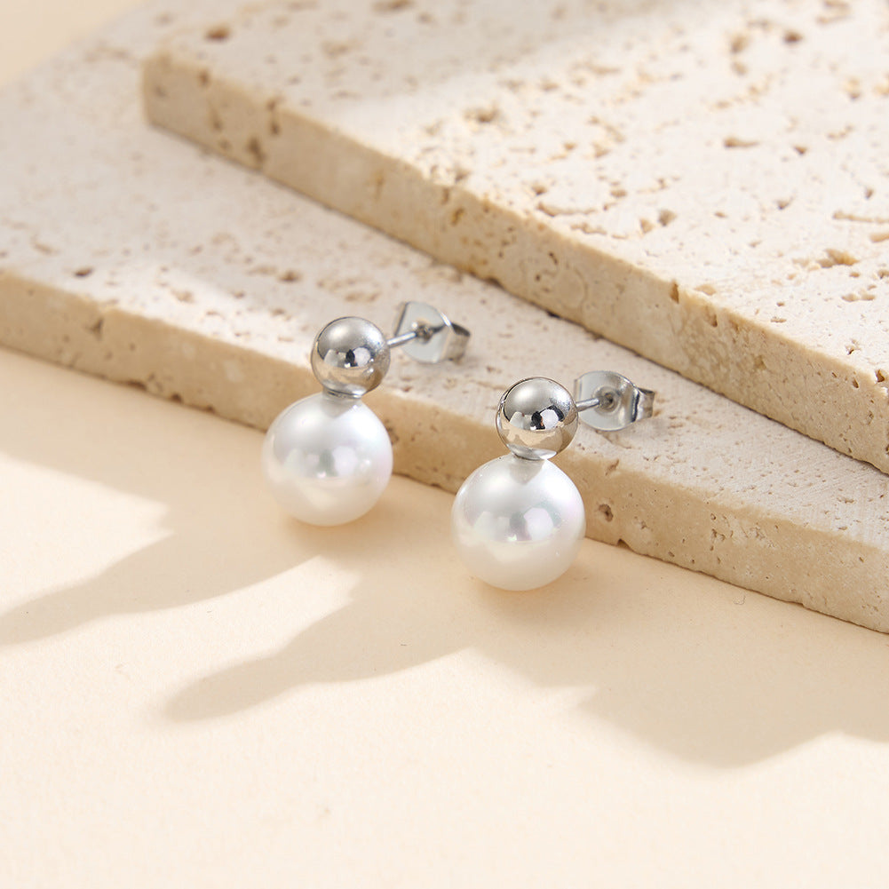 Gold Plated Stainless Steel Two-Ball Stud Earrings, Small Metal Ball and Large Imitation Pearl