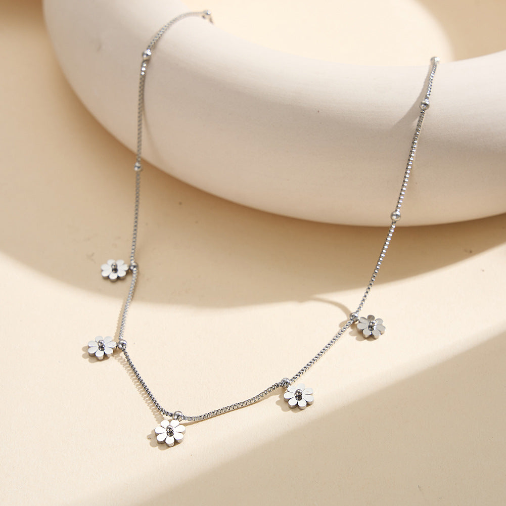 Gold Stainless Steel Flower Satellite Necklace, Multi Daisy Floral Charm & Tiny Bead Box Chain Choker