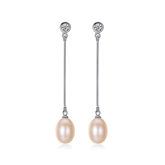 925 Sterling Silver Natural Pearl Long Drop Earrings Fashion Jewelry Gift for Women Girls