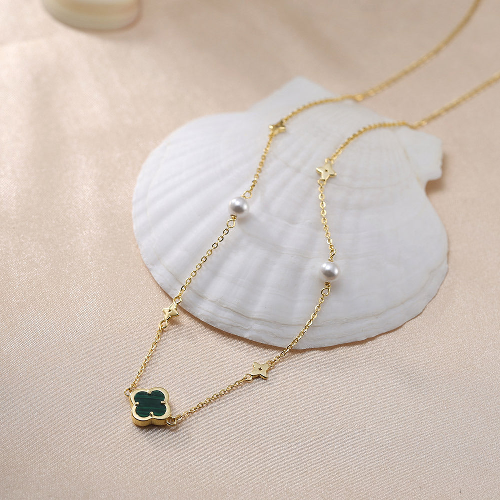 Silver Malachite Clover Pearl Necklace, Green Malachite Four Leaf Clover Pendant, Star Charms and Glossy Freshwater Pearl Stations