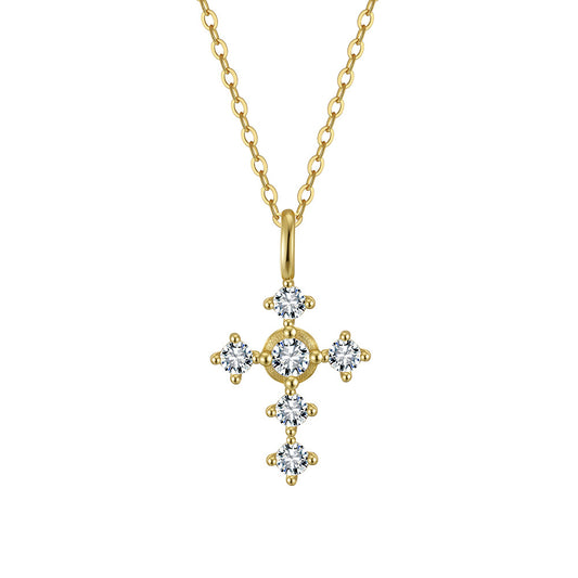 Gold Stainless Steel Vintage Cross CZ Necklace, Multi Round Clear Cubic Zirconia Decorated Retro Cross Pendant Rolo Chain
