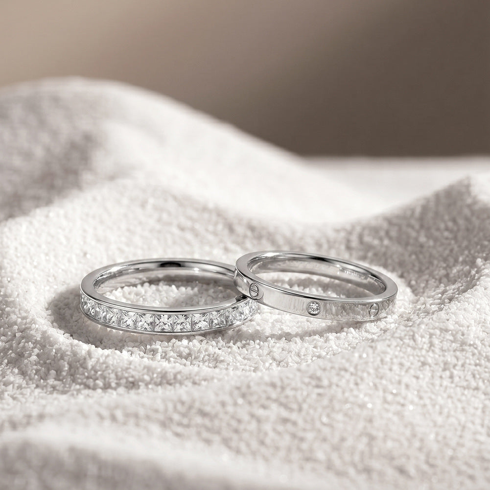 Gold Plated Stainless Steel Stackable Ring Set, Screw Detail Band and Baguette CZ Eternity Ring