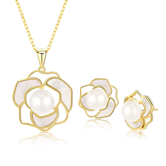 925 Sterling Silver Fashion Camellia Pearl Jewelry Set Gift for Women Girls
