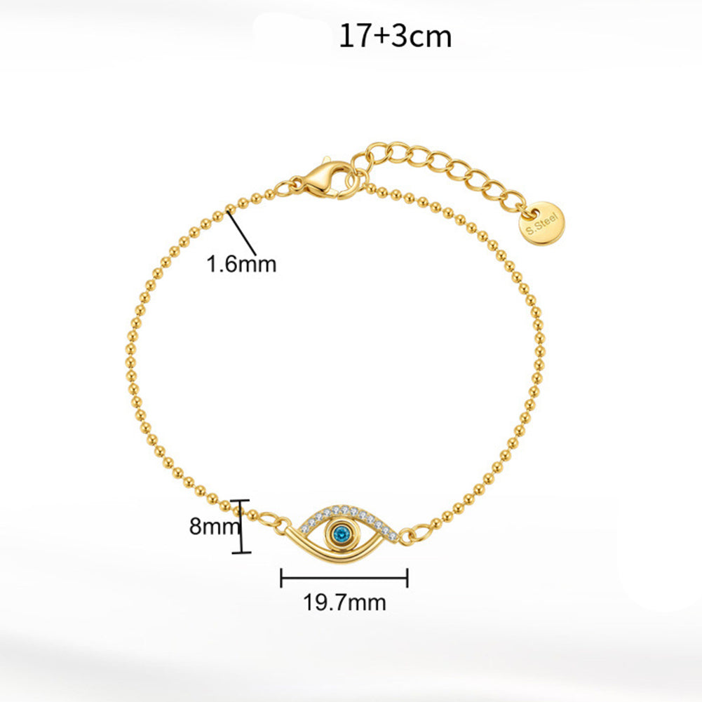 Stainless Steel Beaded Ball Chain Evil Eye Bracelet, Sparkling Blue CZ Eye Charm Delicate Bracelet