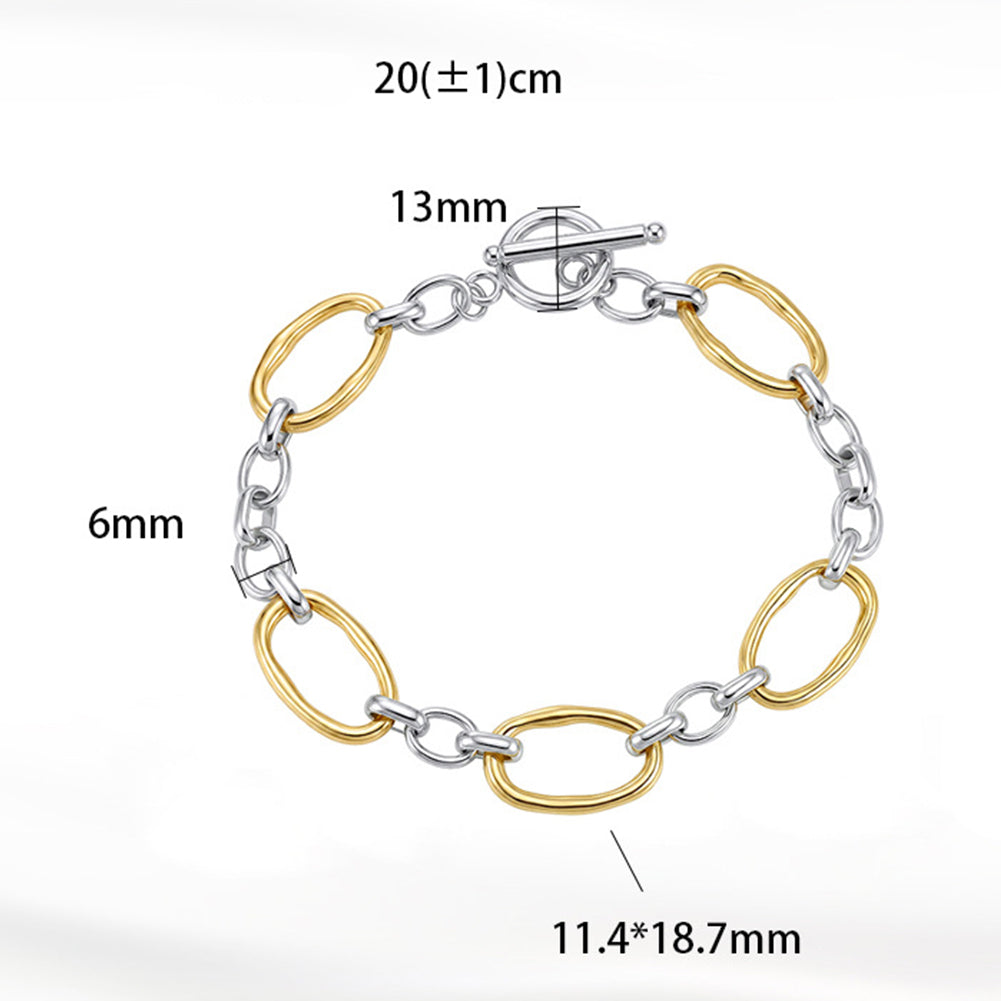 Two Tone Gold Silver Stainless Steel Chunky Oval Link Bracelet, Irregular Paperclip Chain with Toggle Clasp