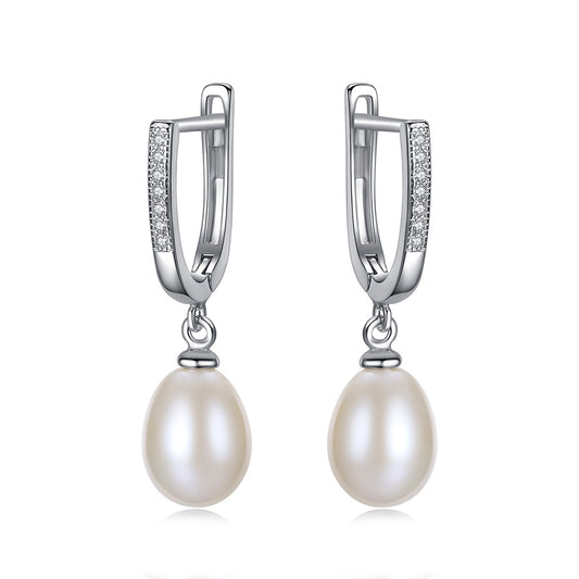 925 Sterling Silver Natural Pearl Drop Huggie Earrings Fashion Jewelry Gift for Women Girls