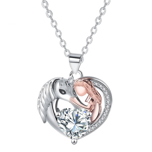 Copper With Silver/Rosegold Plated Girl and Unicorn Pendant Necklace