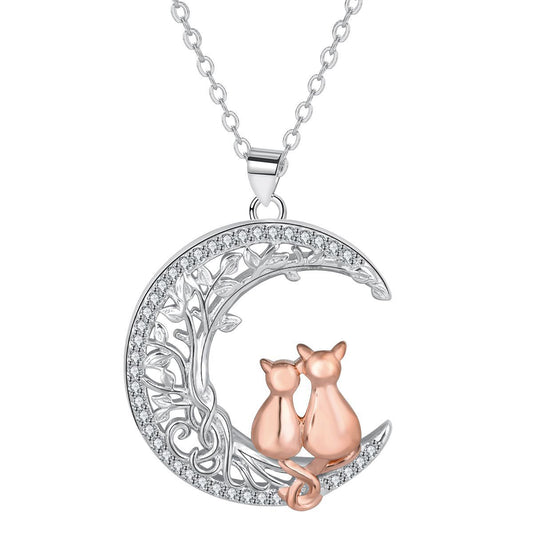 Copper With Silver/Rosegold Plated Moon Cats Pendant Necklace