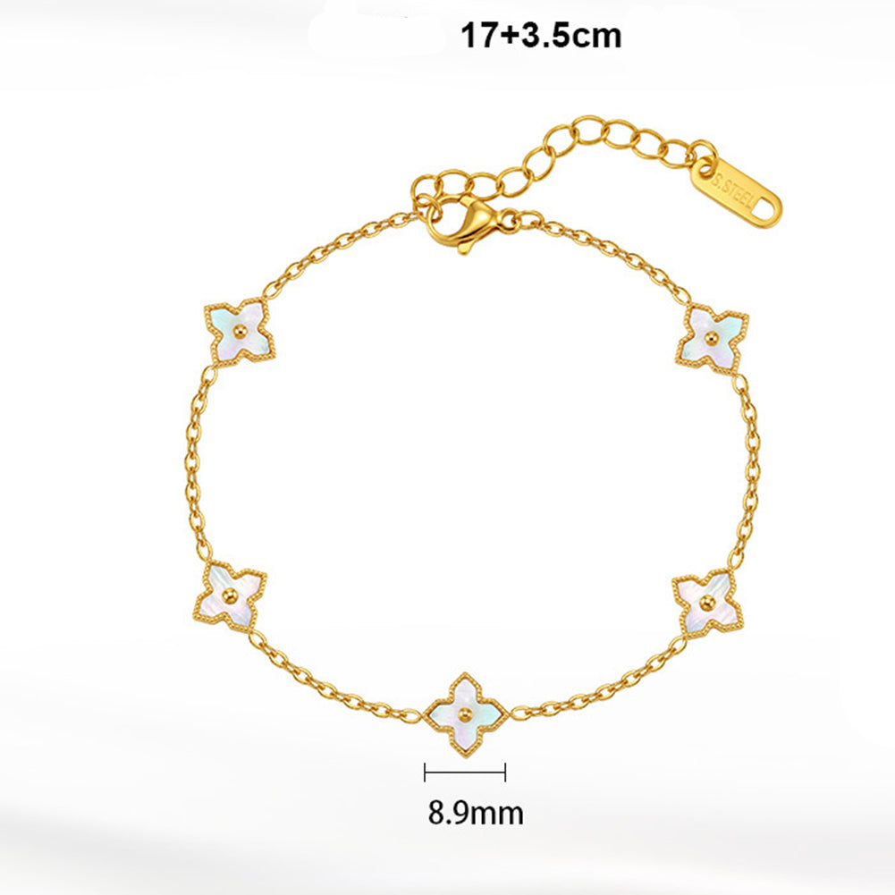 Stainless Steel Four Leaf Clover Bracelet, Iridescent Mother of Pearl Inlay Clover Station Dainty Chain Bracelet