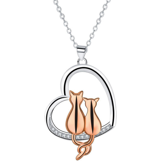 Copper With Silver/Rosgold Plated Heart Cats Pendant Necklace