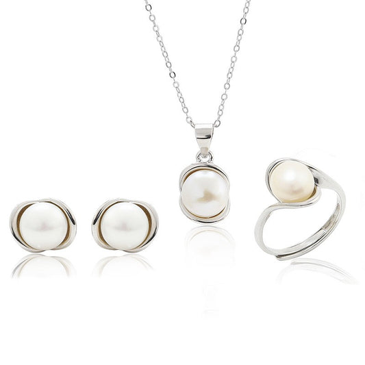 925 Sterling Silver Fashion Pearl Jewelry Set Gift for Women Girls