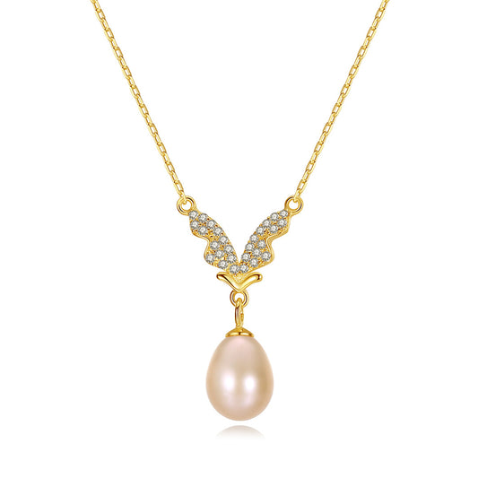 925 Sterling Silver Natural Pearl Drop Necklace Fashion Jewelry Gift for Women Girls