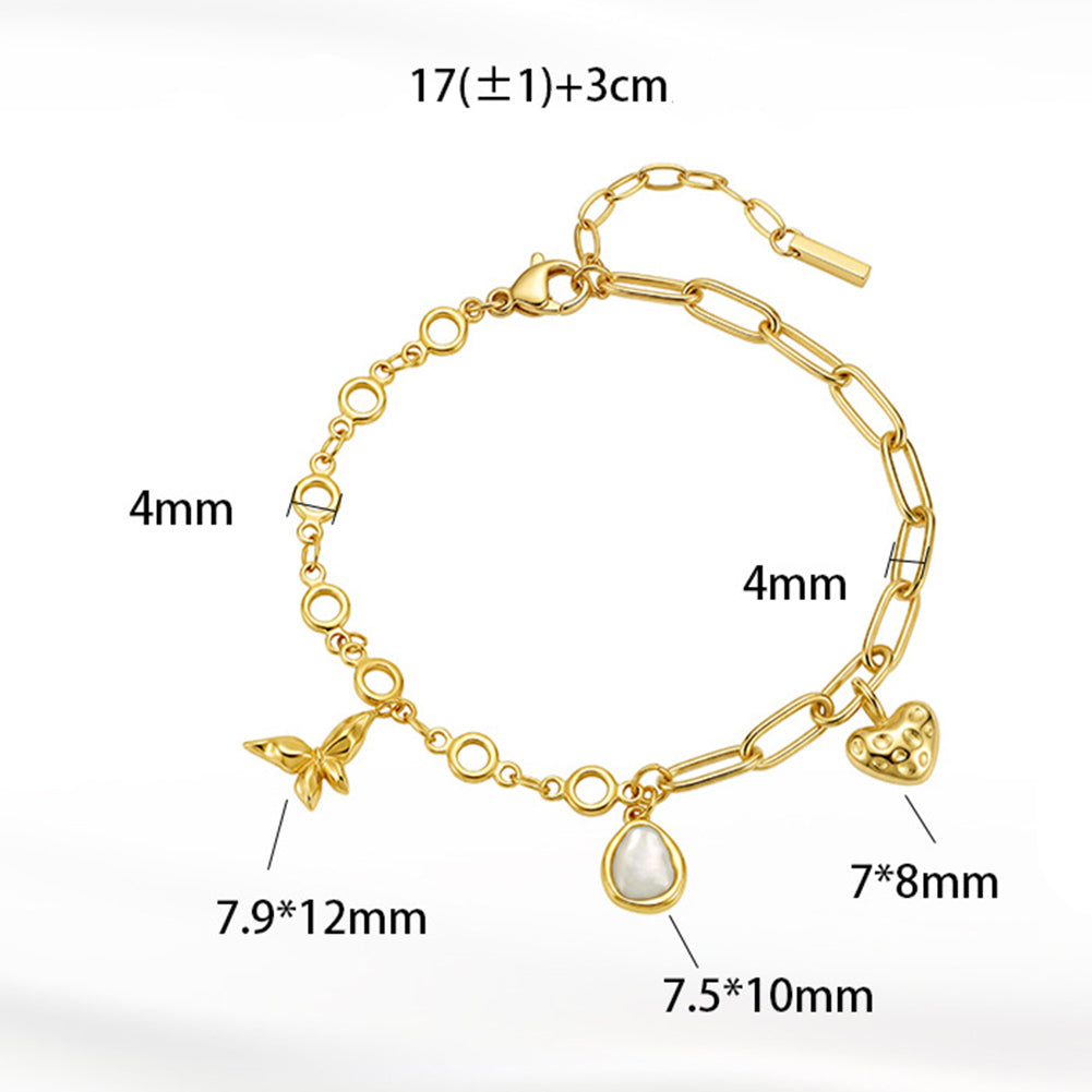 14K Gold Plated Stainless Steel Mixed Link Bracelet with Baroque Pearl, Butterfly and Hammered Heart Charms