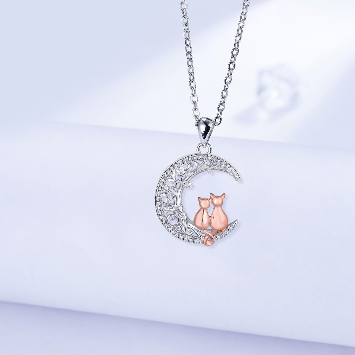 Copper With Silver/Rosegold Plated Moon Cats Pendant Necklace