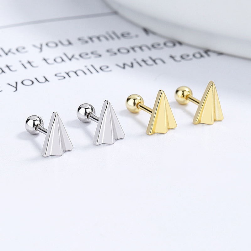 925 Sterling Silver Paper Airplane Screw Back Stud Earrings