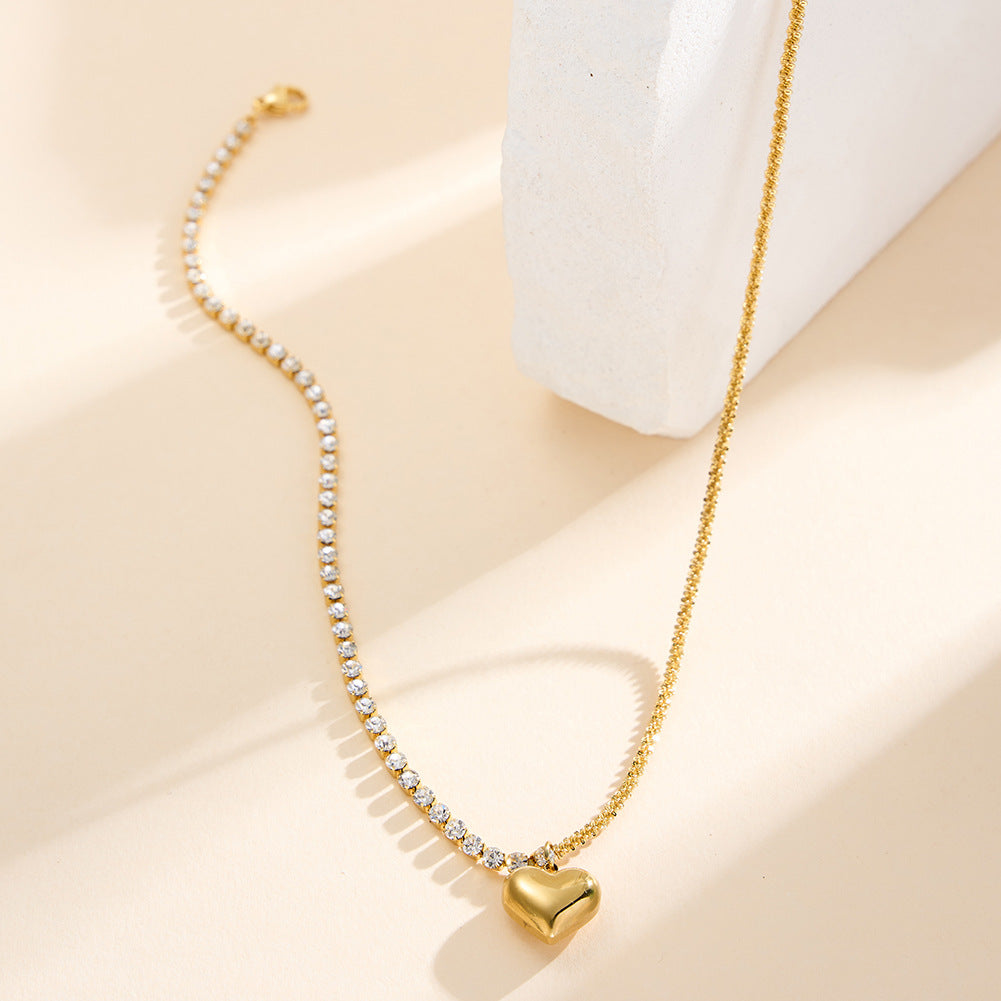 Gold Stainless Steel Two-Tone Choker Necklace, Half Tennis CZ Chain & Half Sparkle Chain with Puffy Heart Charm
