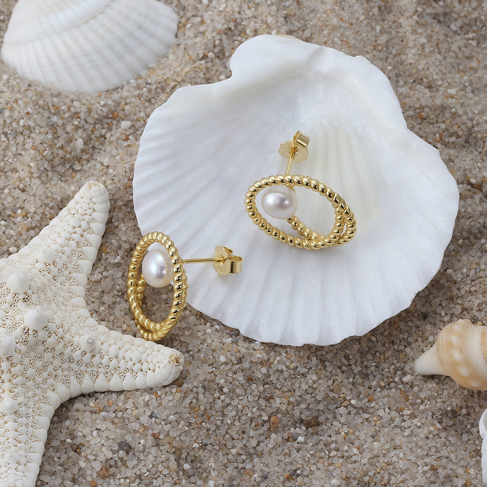 S925 Gold Plated Double Twisted Oval Hoop Pearl Earrings, Large Central Glossy Round Freshwater Pearl Nestled Within Dual Textured Rope Twist Hoops