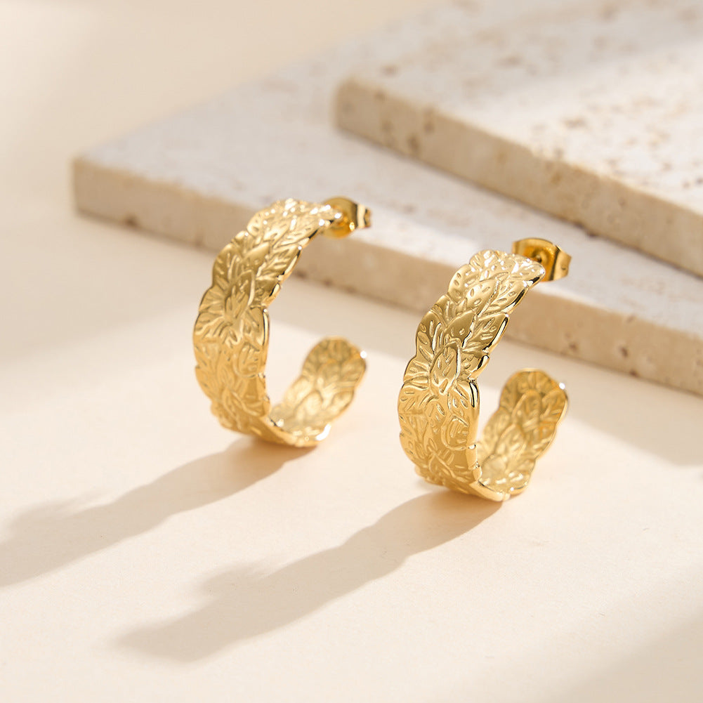 Gold Plated Stainless Steel Wide C Hoop Earrings with Embossed Leaf Pattern