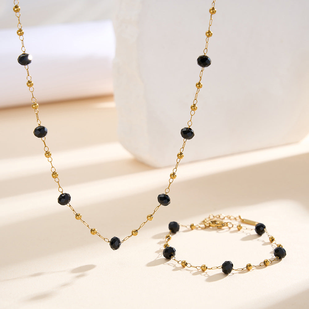 Gold Stainless Steel Double Strand Beaded Necklace, Faceted Black Crystal & Tiny Gold Ball Station Chain, Adjustable Extension