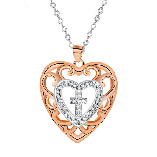 Copper With Silver/Rosegold Plated Heart Cross Pendant Necklace