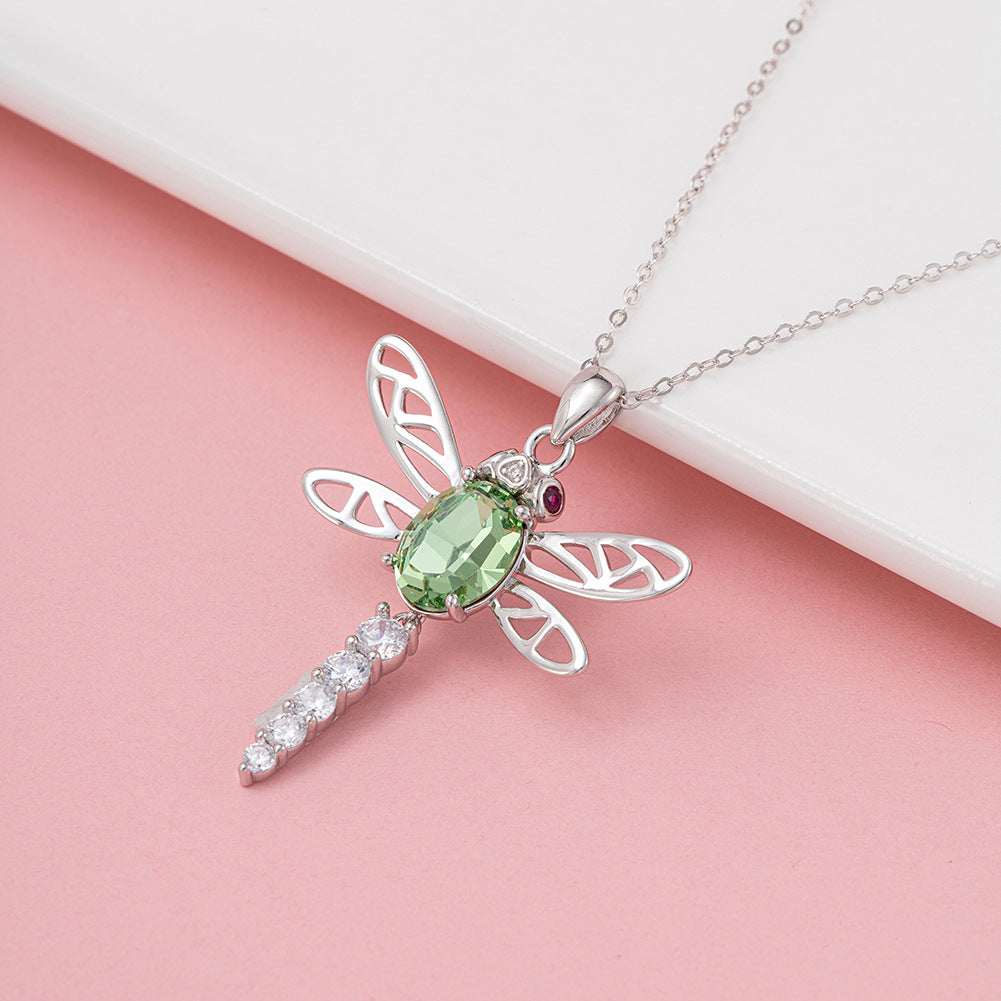 Silver Stainless Steel Dragonfly Pendant Necklace, Oval Green CZ Hollow Wing Dragonfly with Paved CZ Tail