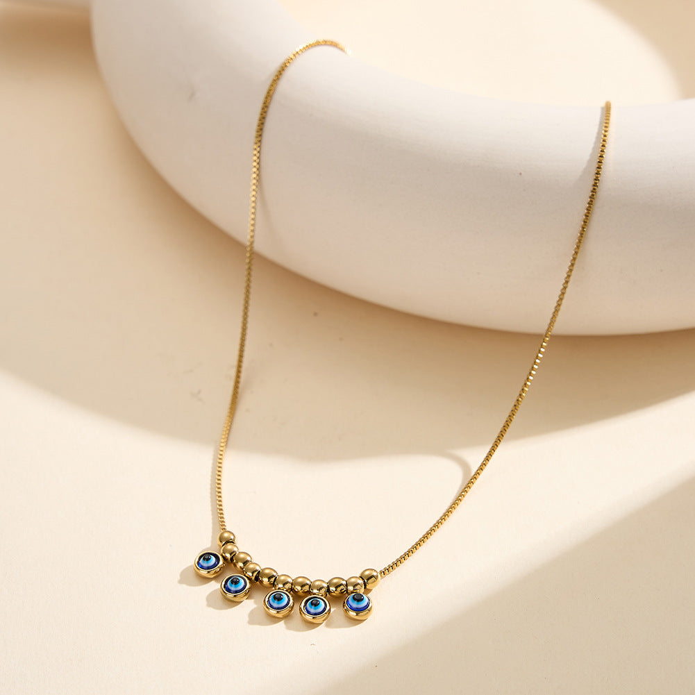 Gold Stainless Steel Evil Eye Beaded Necklace, Blue Enamel Evil Eye Charms with Gold Round Ball Beads, Box Chain