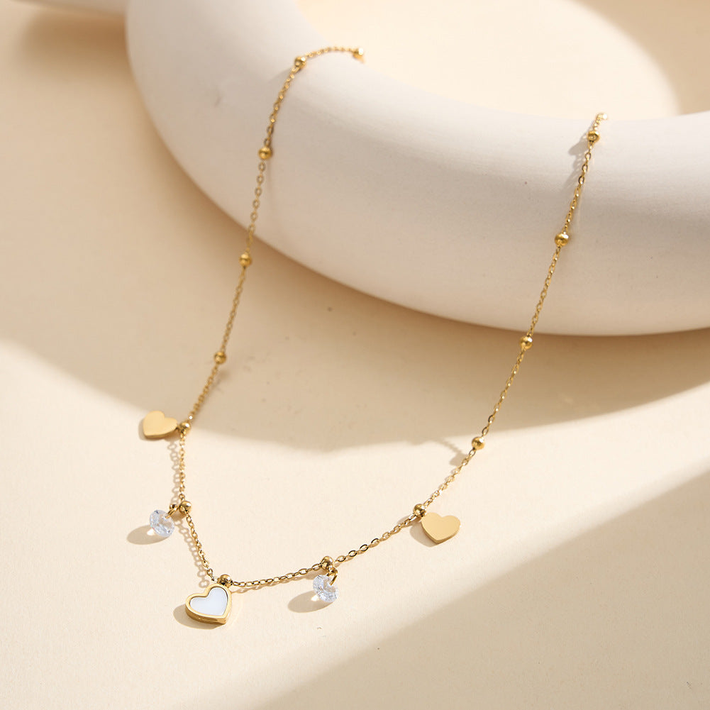 Gold Stainless Steel Heart Station Necklace, Solid Heart Charms, Bezel Set Clear CZ & Tiny Gold Ball Accents on Thin Rolo Chain