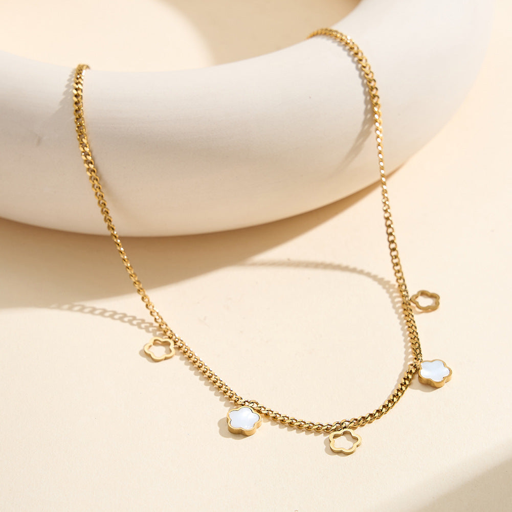Gold Stainless Steel Clover Cuban Choker, Hollow Clover Outline & White Shell Inlaid Clover Dangling Charms, Cuban Link Chain