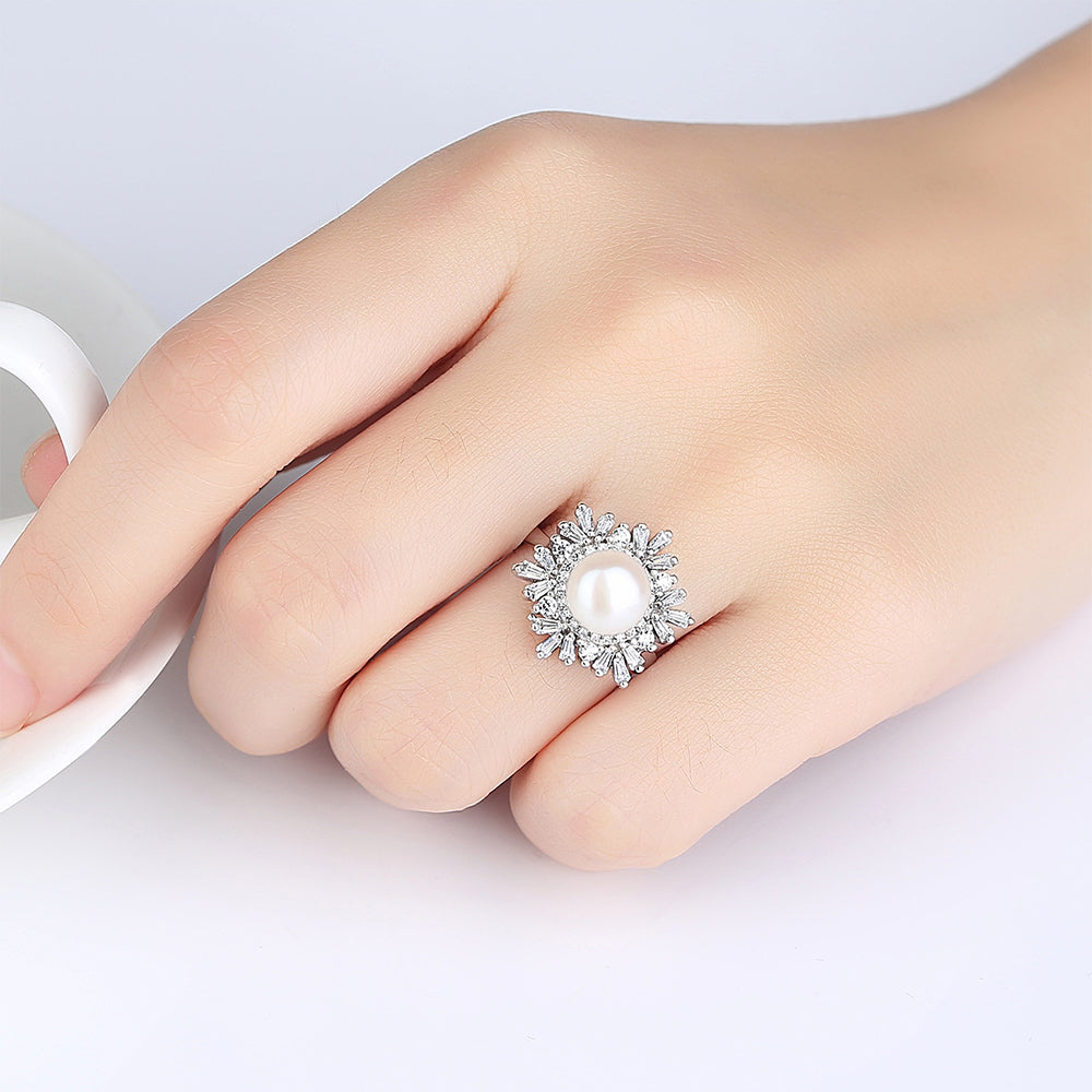 925 Sterling Silver Natural Pearl Ring Fashion Jewelry Gift for Women Girls
