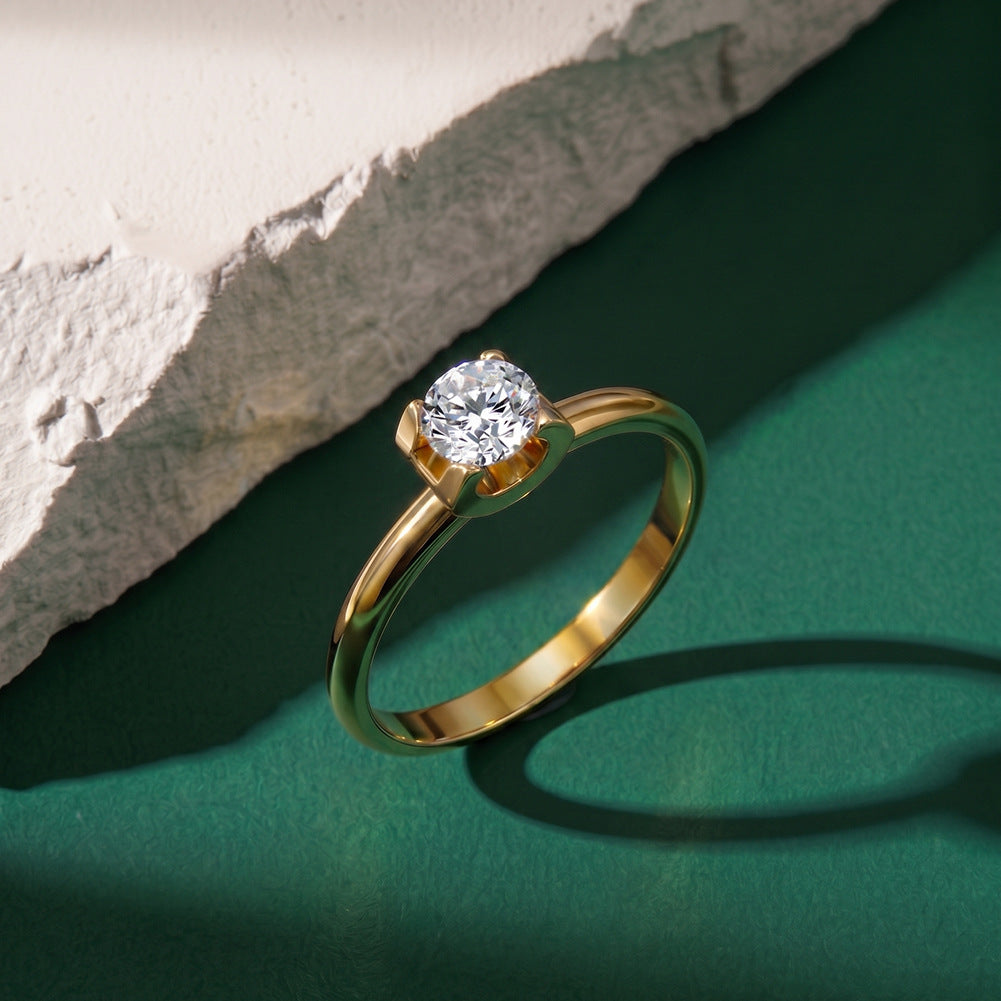 Gold Plated Stainless Steel Minimalist Solitaire Round CZ Engagement Style Ring