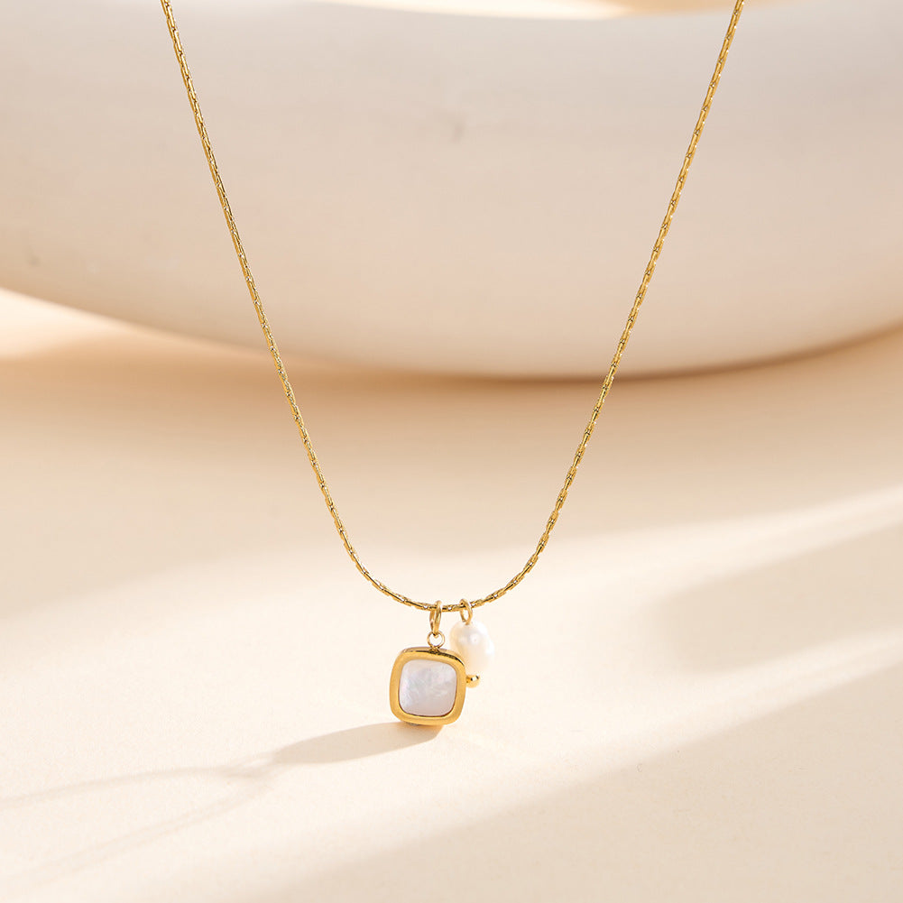 Gold Stainless Steel Dainty Square Pendant Necklace, Square White Mother of Pearl Charm with Baroque Pearl & Tiny Gold Ball Accent