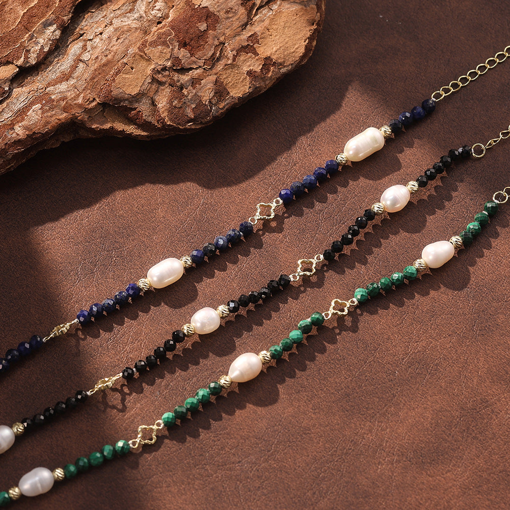 S925 Gold Plated Beaded Bracelet, Irregular Lustrous Baroque Freshwater Pearls paired with Faceted Black Onyx Beads, Hollow Clover Details, Adjustable Extension Chain