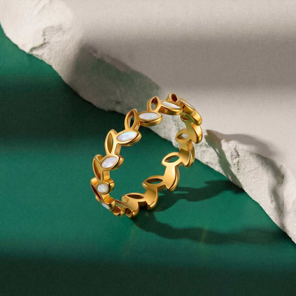 Gold Plated Stainless Steel Link Ring, Interlocking Cutout Links with Inlaid Mother of Pearl