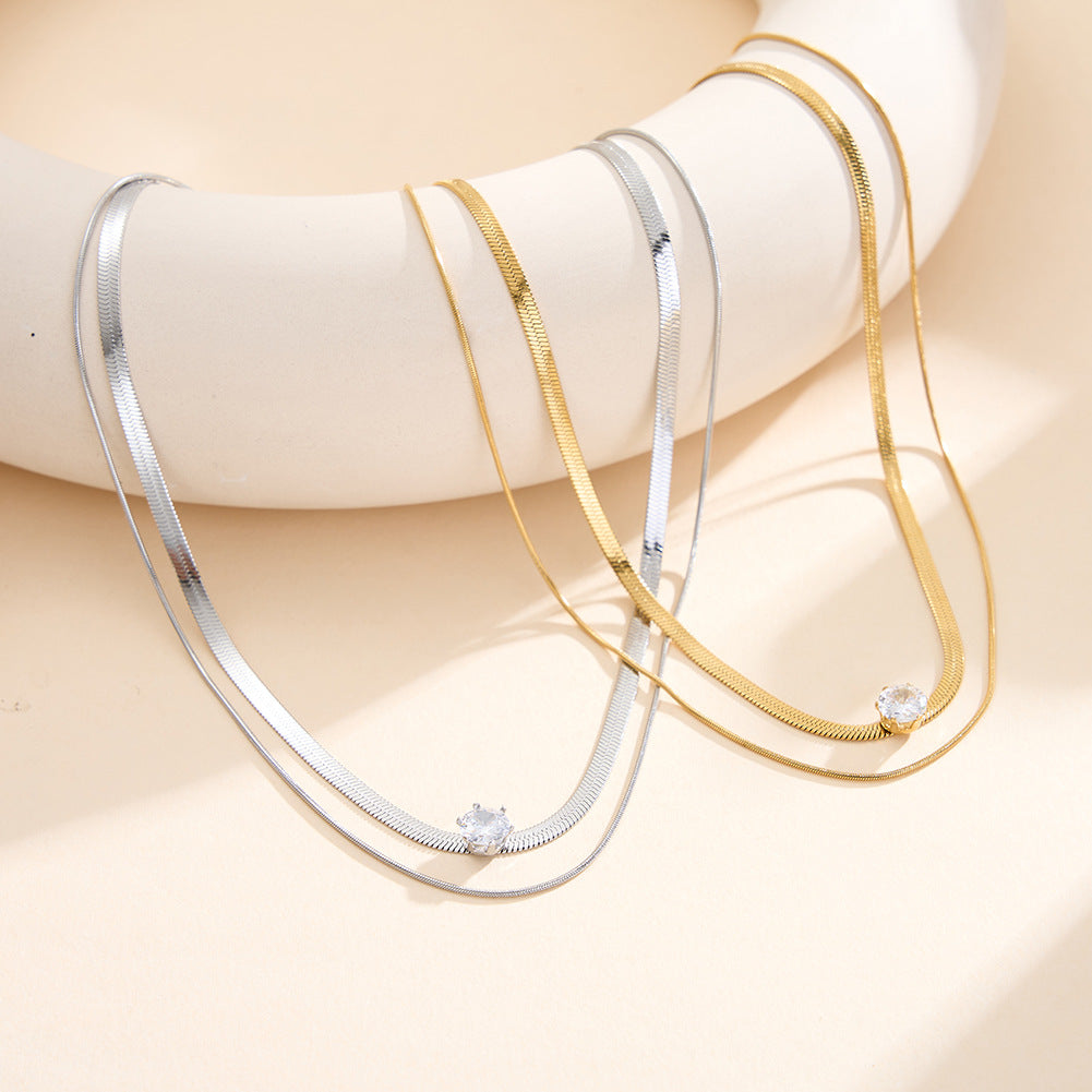 Silver Stainless Steel Double Layer Herringbone Necklace, 2-Tier Snake Chain with Single Round CZ Solitaire Pendant