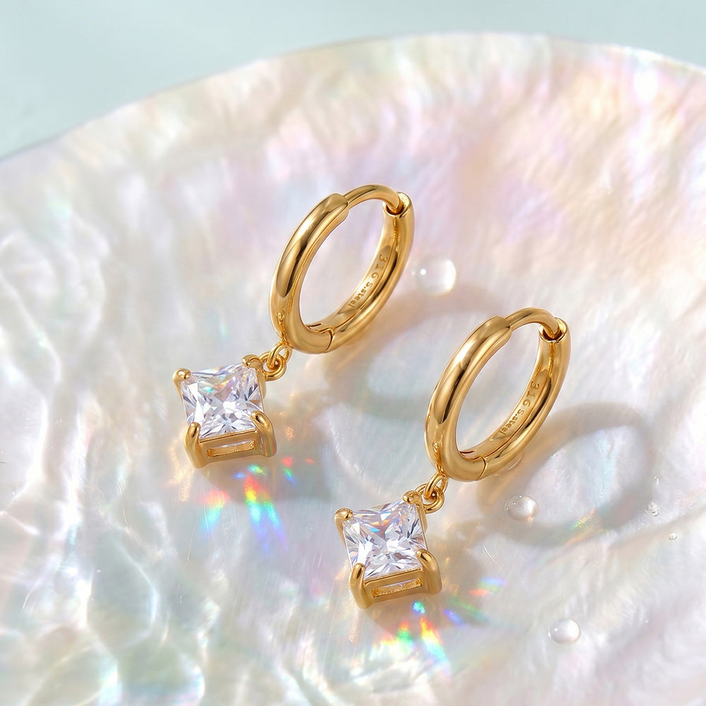 Gold Plated 316 Stainless Steel Huggie Hoop Earrings with Square Princess Cut Clear Cubic Zirconia Dangle Charm