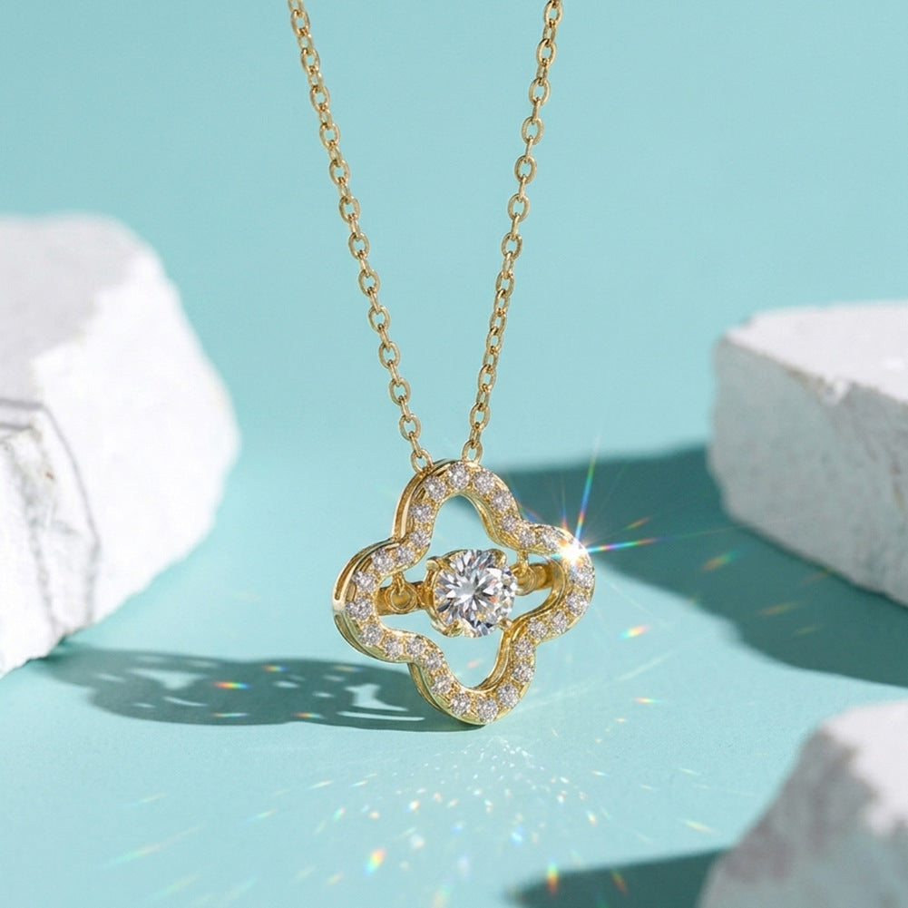 Gold Stainless Steel Hollow Quatrefoil Necklace, Dynamic Floating Round CZ Stone In Four Leaf Clover Frame Pendant