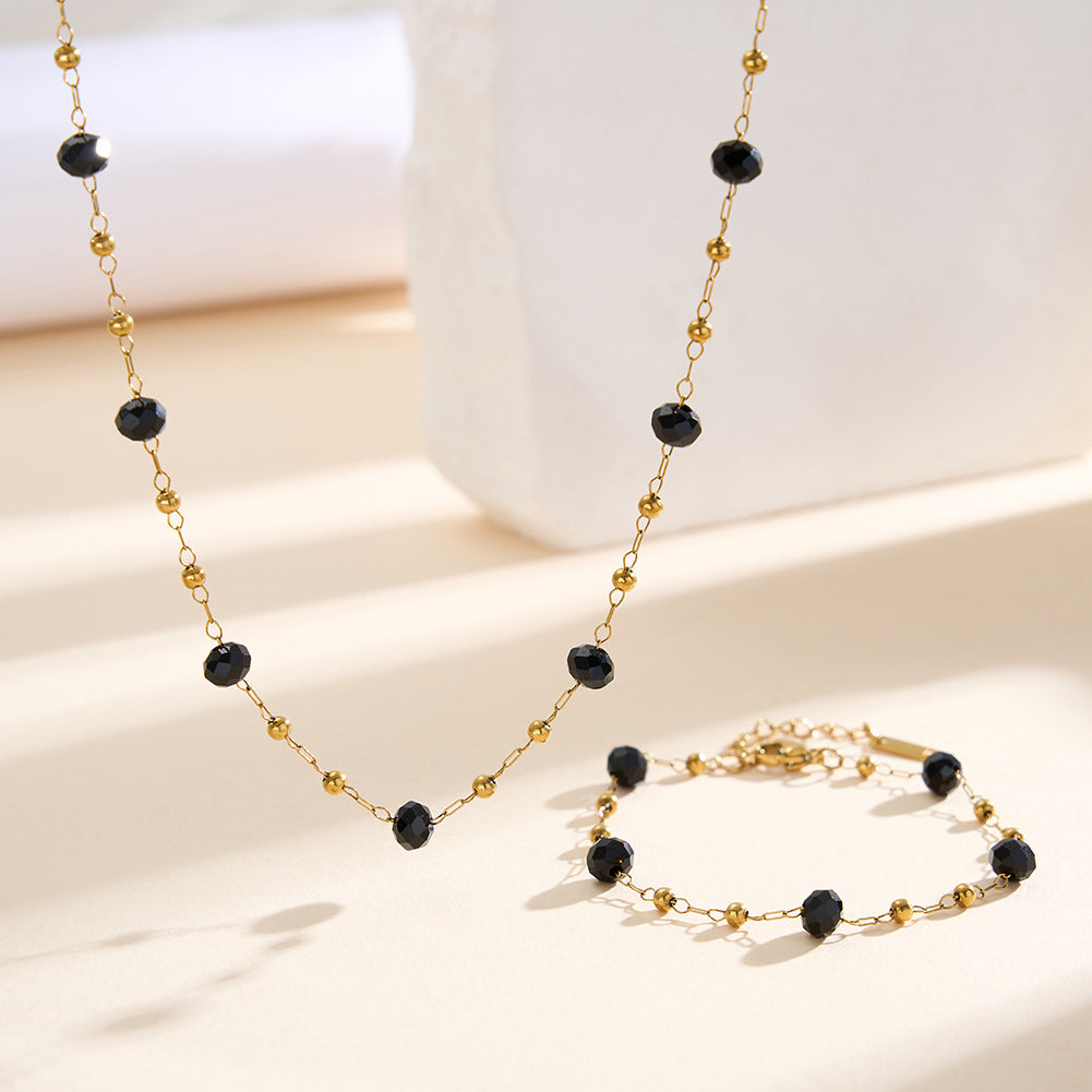 Gold Plated Stainless Steel Bracelet, Black Faceted Onyx Beads with Gold Spacer Balls, Adjustable Extension Chain