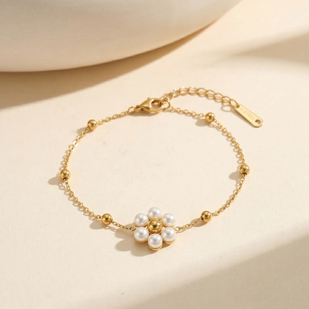 Gold Plated Stainless Steel Thin Cable Chain Bracelet, Pearl Daisy Flower Charm & Polished Metal Spacer Beads, Adjustable