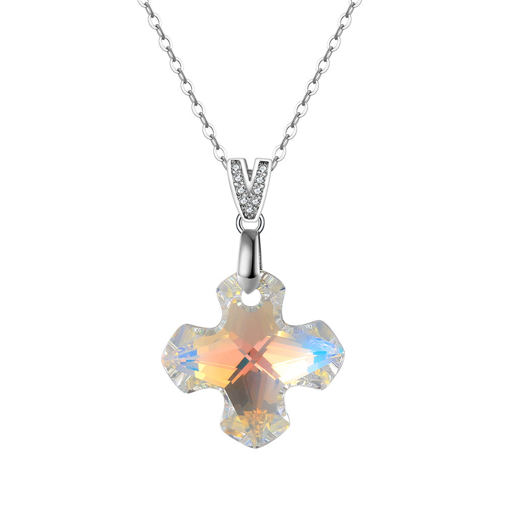Silver Stainless Steel AB Color Spike Crystal Pendant Necklace, Aurora Borealis Cone Crystal with Paved CZ Bail