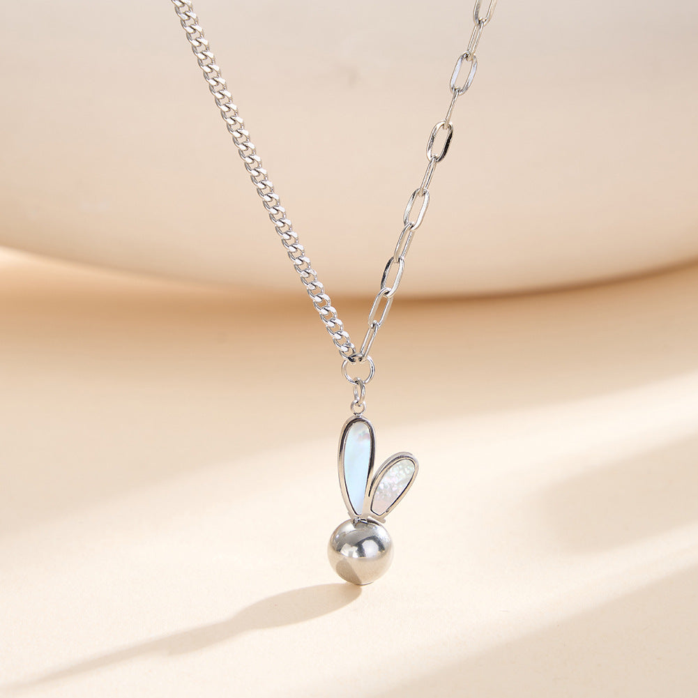 Gold Stainless Steel Bunny Ear Pendant Necklace, Shell Inlaid Rabbit Ear with Round Ball Mixed Link Chain
