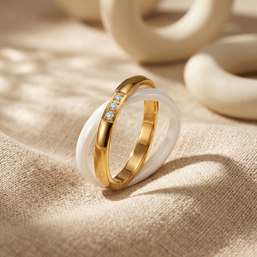 Gold Plated Stainless Steel Intertwined Ring Set, Gold Steel Band with 3 Round CZ & White Ceramic Ring